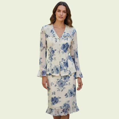 Woman wearing a floral dress with a white background