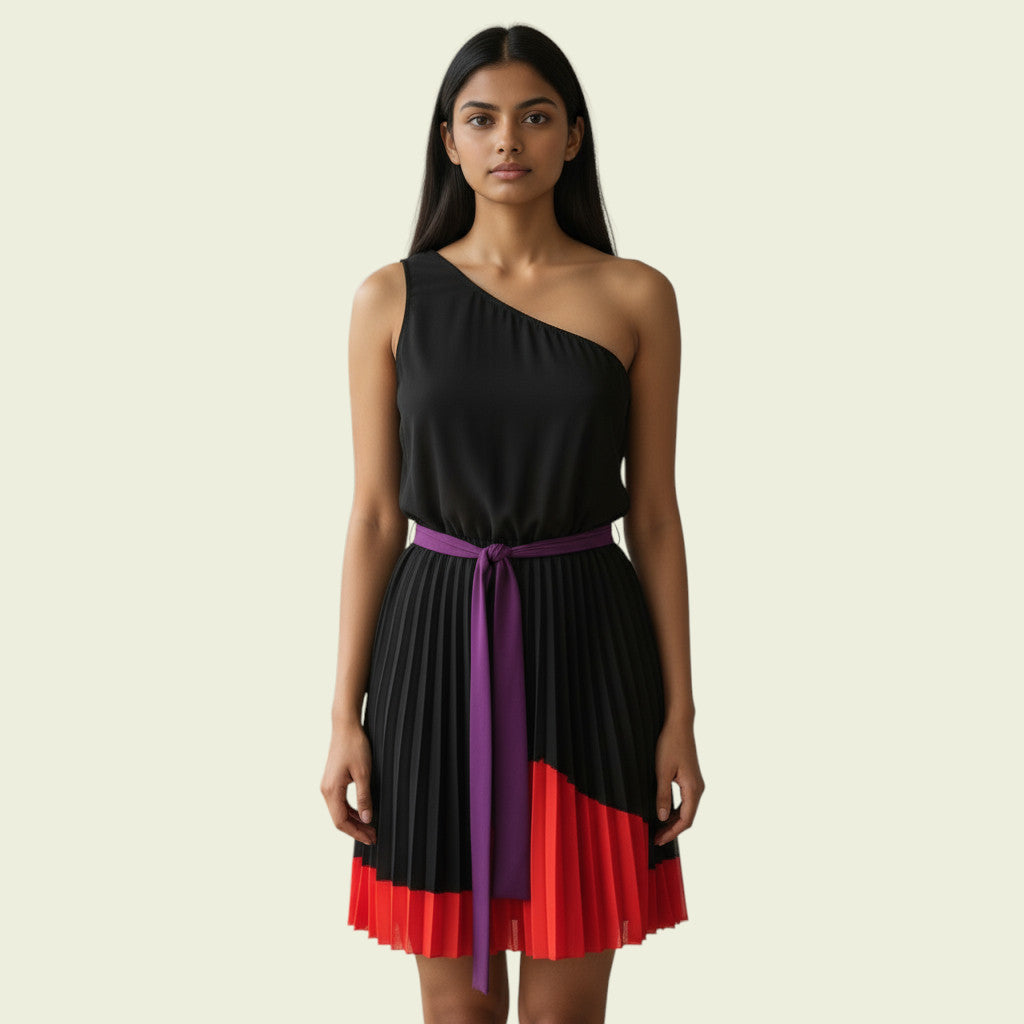 Woman wearing a black and red dress with a purple belt on a beige background