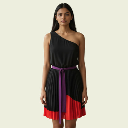 Woman wearing a black and red dress with a purple belt on a beige background