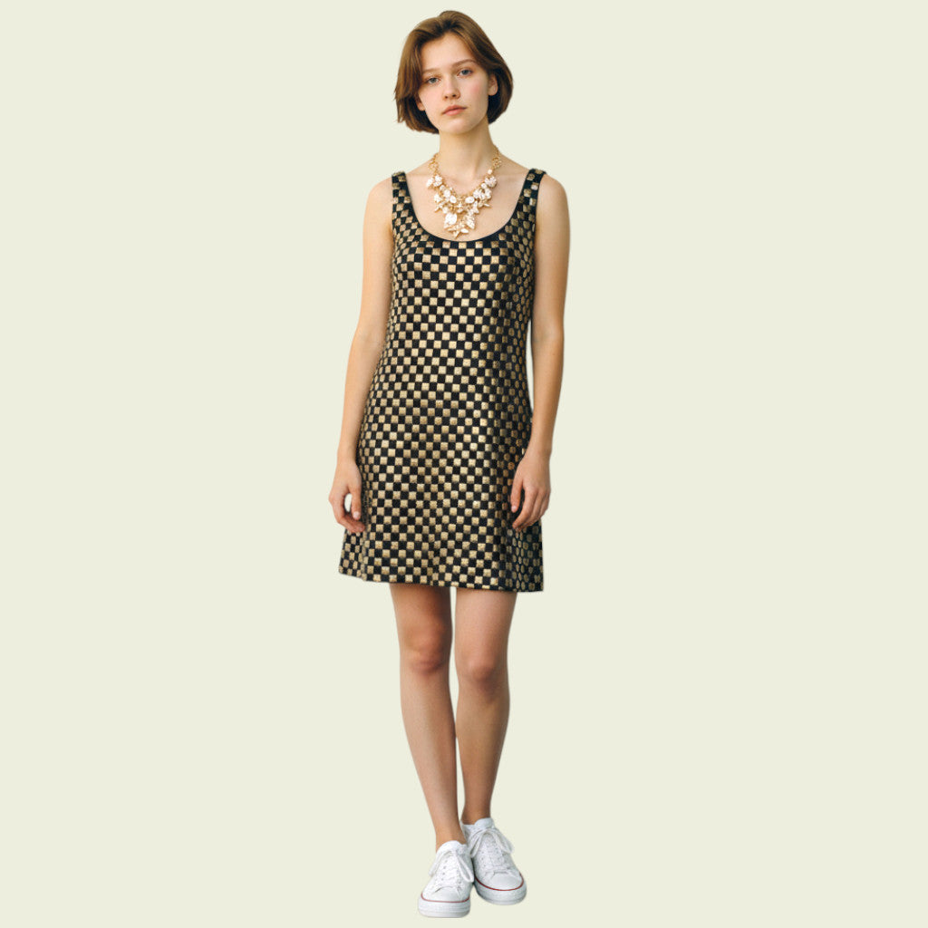 Woman wearing a black and gold checkered dress on a beige background