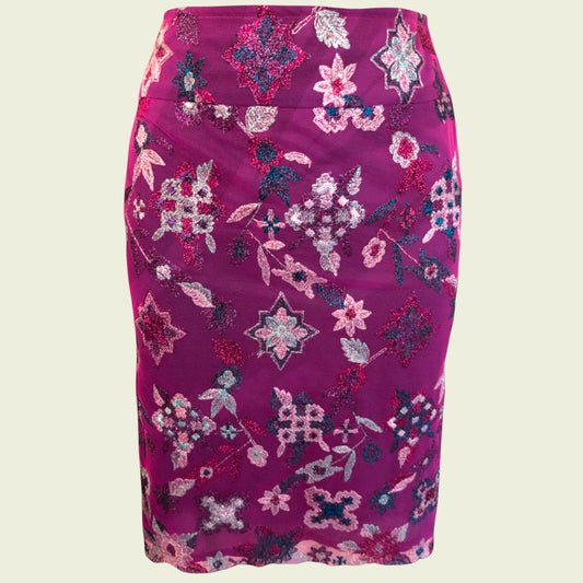 Floral cerise pencil skirt on beige background
