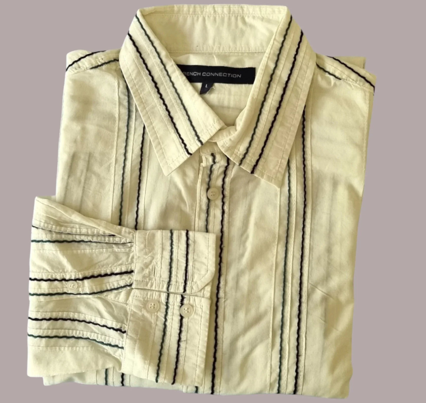 French Connection Men's White Striped Long Sleeve Shirt UK M - Timelessfashions