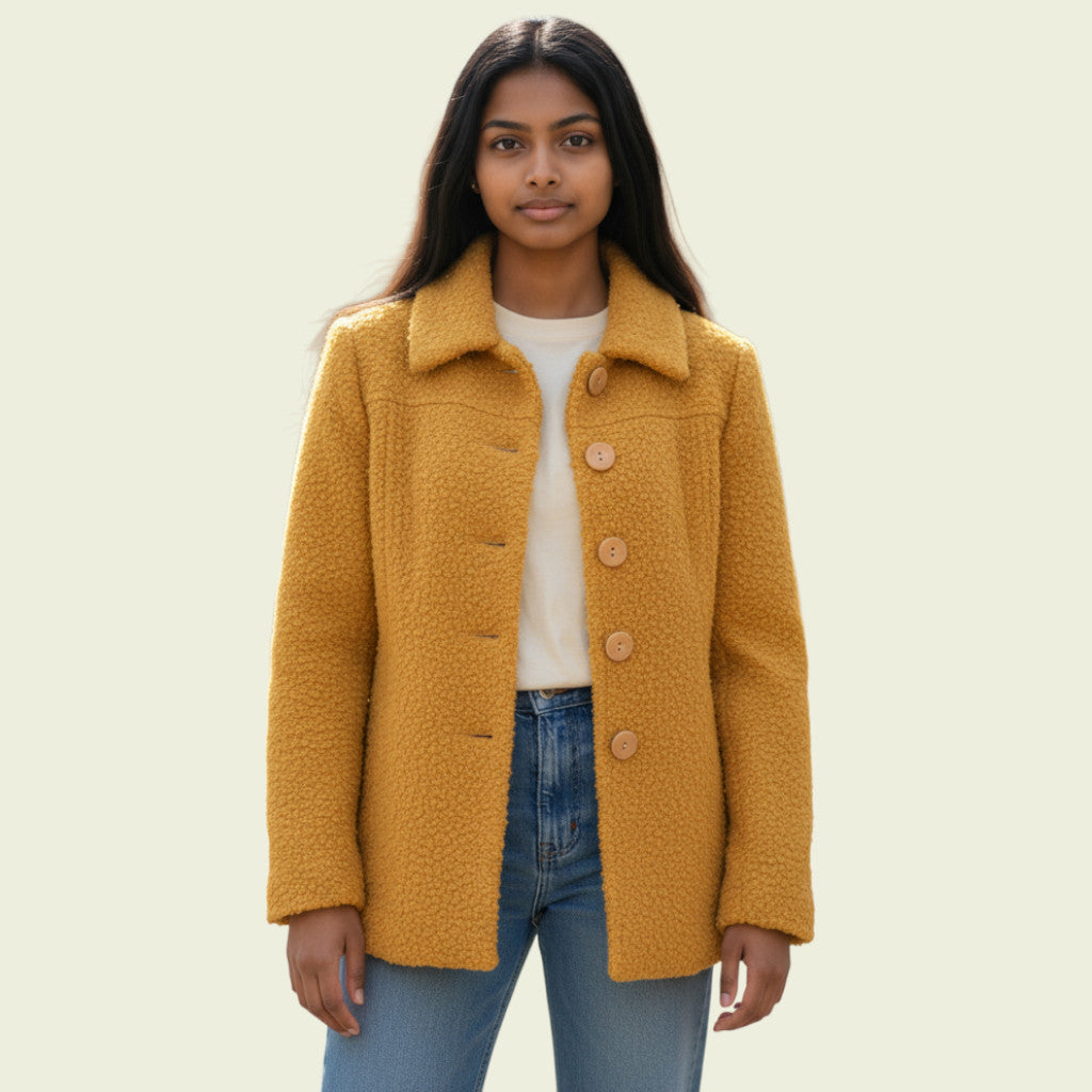 Model wearing mustard coloured jacket on beige background