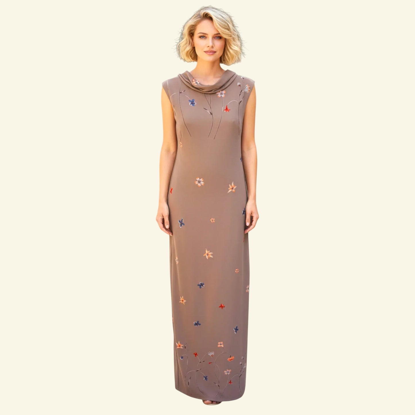 Antonio D'errico Warm Taupe Crepe Long Floral Dress UK 10 US 6 EU 38 IT 42 - Timelessfashions