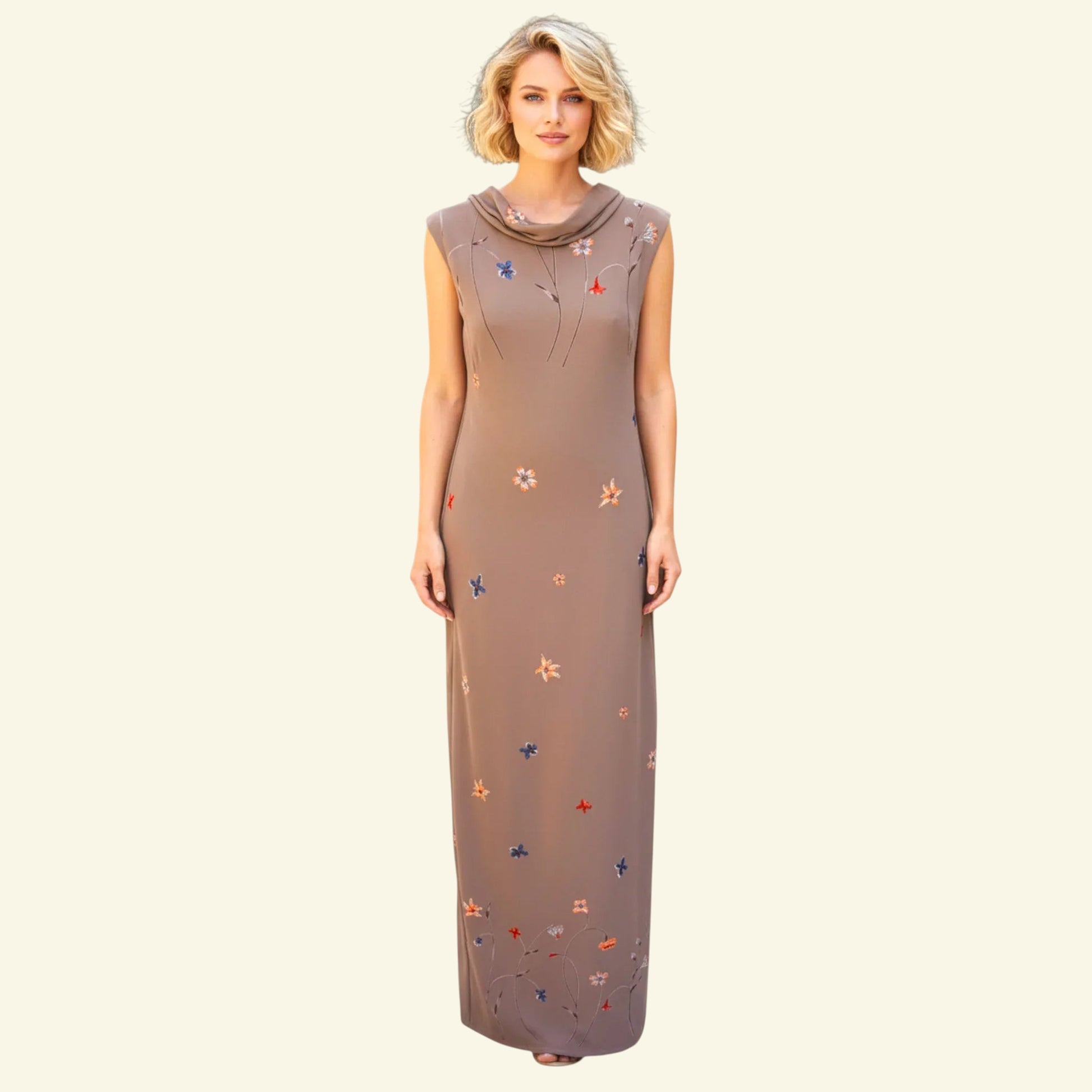 Antonio D'errico Warm Taupe Crepe Long Floral Dress UK 10 US 6 EU 38 IT 42 - Timelessfashions