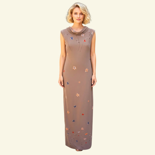 Antonio D'errico Warm Taupe Crepe Long Floral Dress UK 10 US 6 EU 38 IT 42 - Timelessfashions