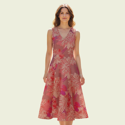 Woman wearing a floral dress on a light beige background