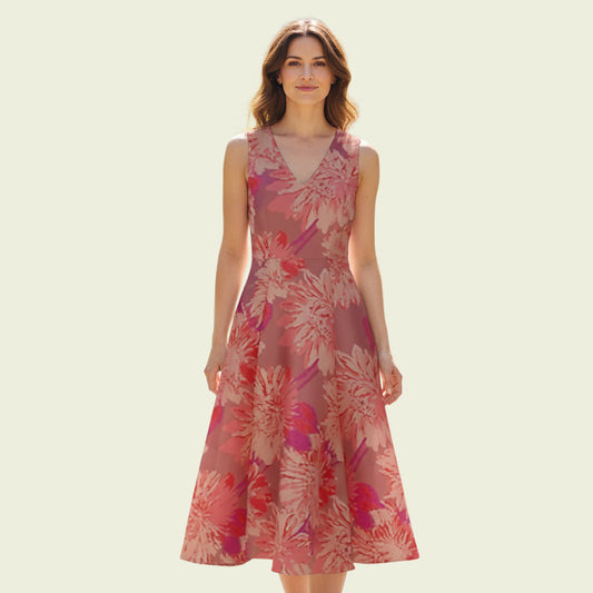 Woman wearing a floral dress on a light beige background