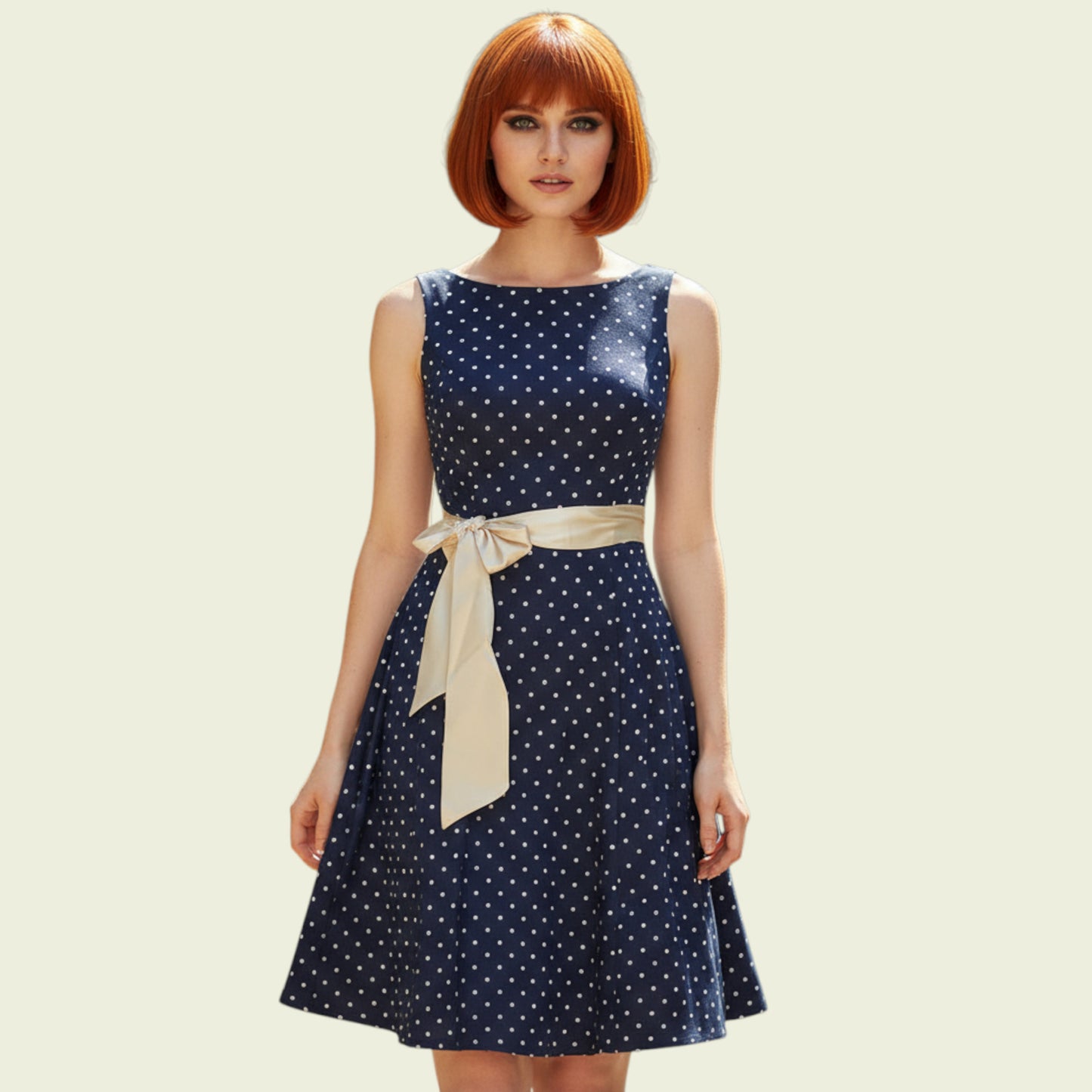 Woman wearing a navy polka dot dress with a beige ribbon on a beige background