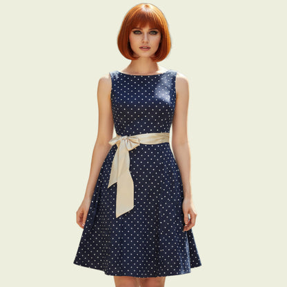 Woman wearing a navy polka dot dress with a beige ribbon on a beige background