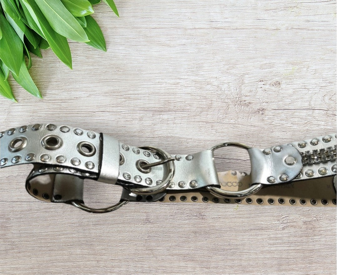 Roccobarocco Jeans Womens Vintage Silver Leather Studded Belt Size M Timeless Fashions