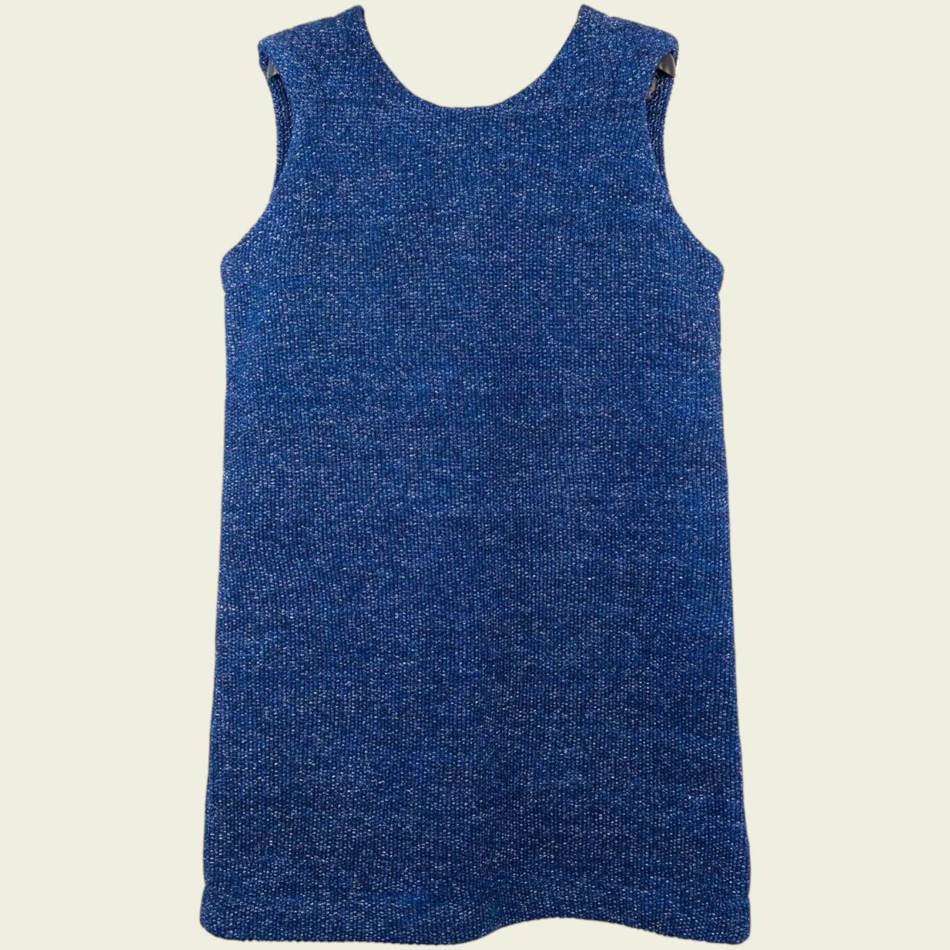 Blue sleeveless dress on a beige background