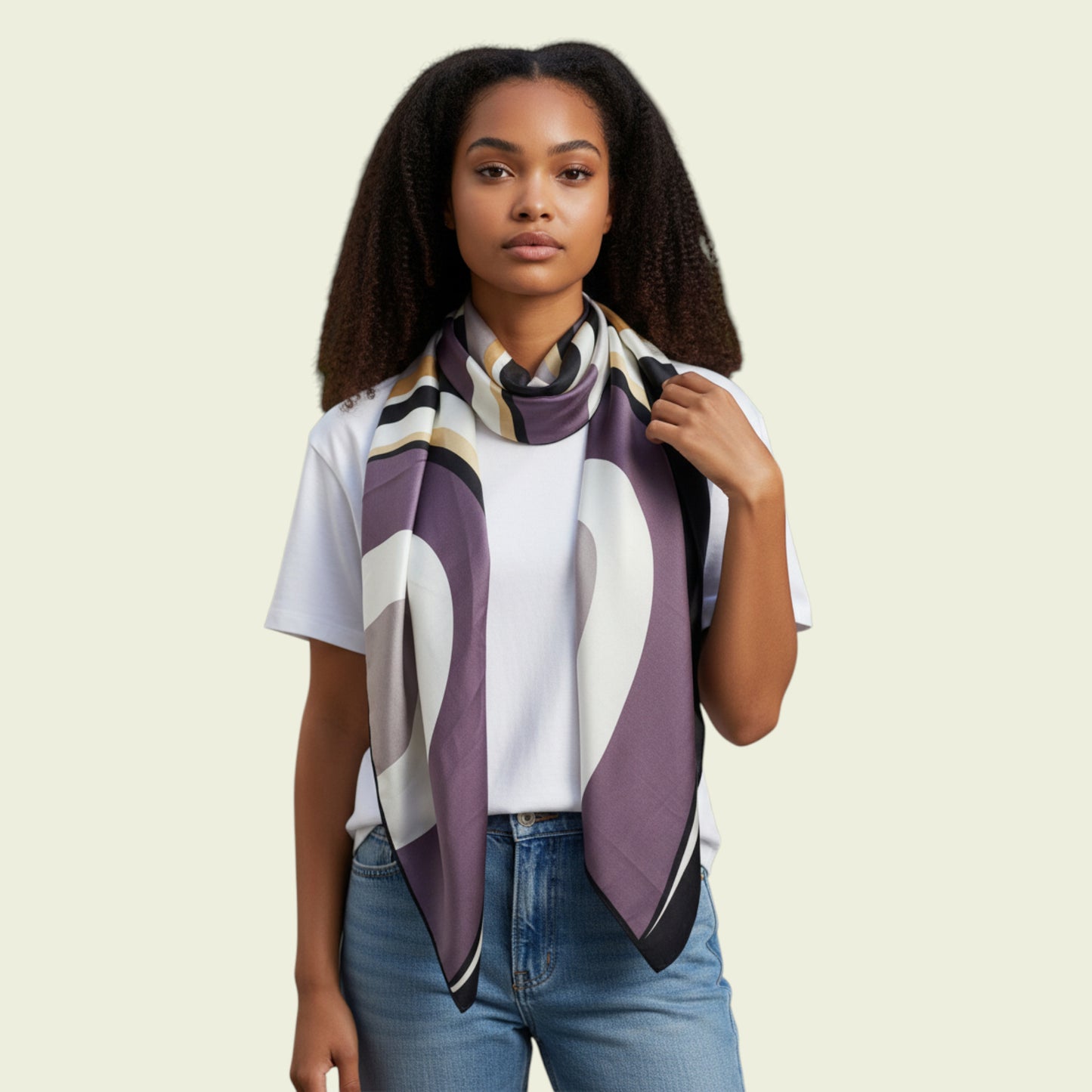 Woman wearing a patterned scarf on a beige background