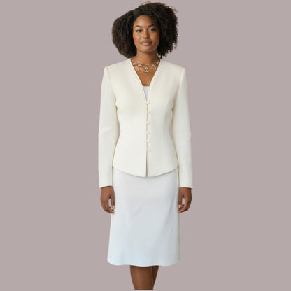 Woman wearing a white suit on a gray background