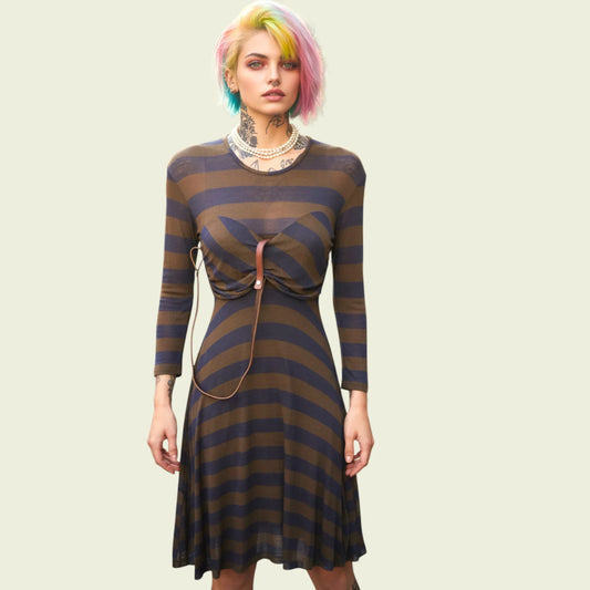 Yigal Azrouel Storm Blue & Earth Brown Striped Dress UK 6 US 2 EU 34 IT 38 - Timelessfashions