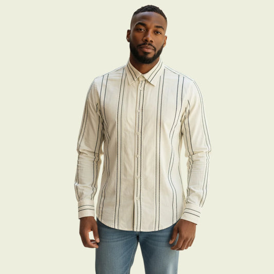 French Connection Men's White Striped Long Sleeve Shirt UK M - Timelessfashions