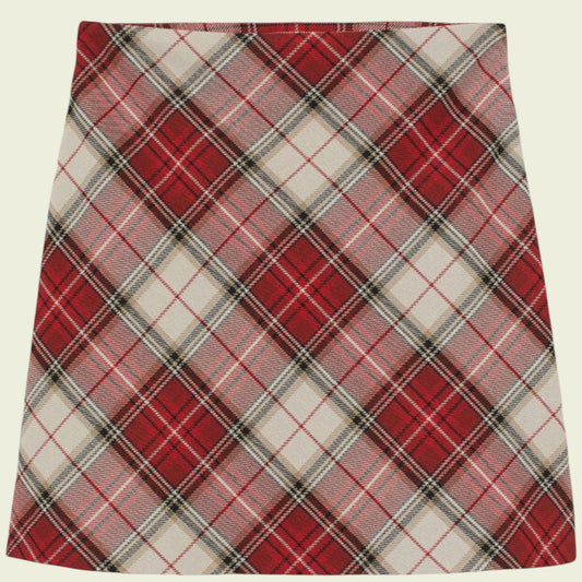 Plaid skirt with red, white, and black pattern on a beige background