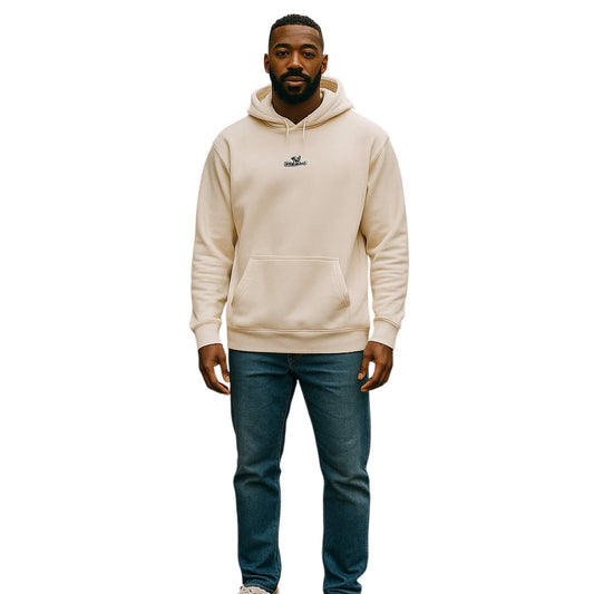 Man wearing a white hoodie and blue jeans on a white background