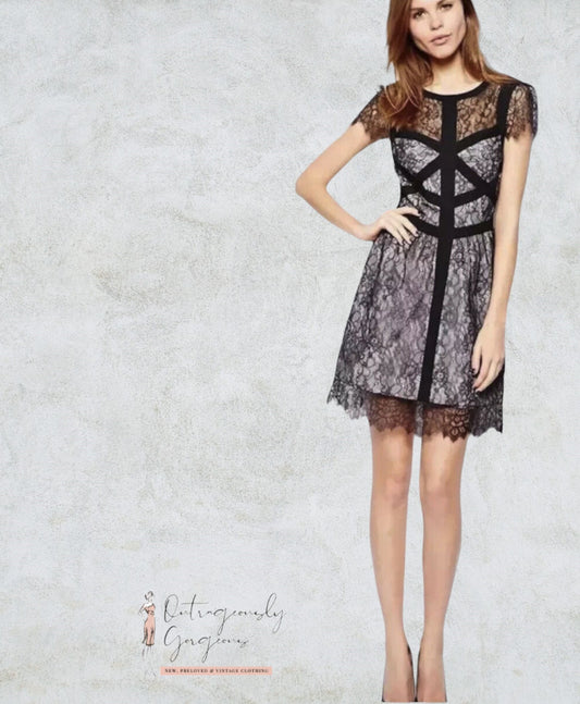 KAREN MILLEN Black Lace Panelled Mini Dress UK 12 US 8 EU 40 RRP £180 Timeless Fashions