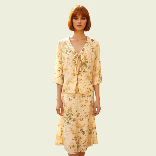 Woman wearing a yellow floral dress and jacket set on a light green background
