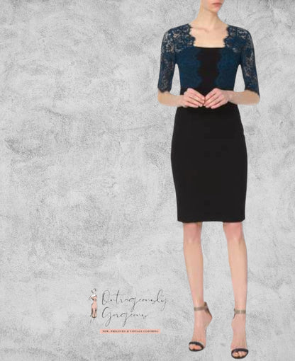 L.K. BENNETT Hou Black, Teal Lace Pencil Dress UK 12 US 8 EU 40 Timeless Fashions