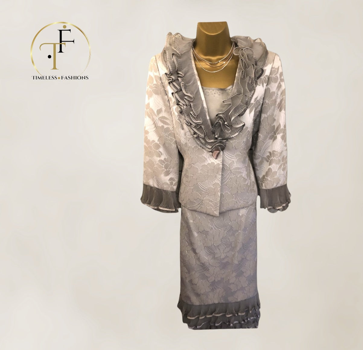 Costura Europa Silver Grey Three Piece Dress & Jacket UK 12 US 8 EU 40 Timeless Fashions
