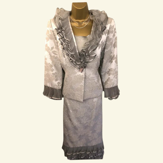 Costura Europa Silver Grey Three Piece Dress & Jacket UK 12 US 8 EU 40 - Timelessfashions