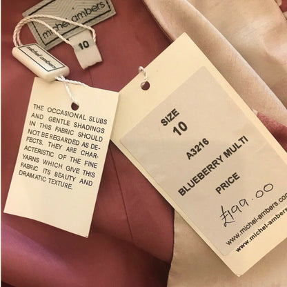 Label showing dress size and price and fabric details on pink background