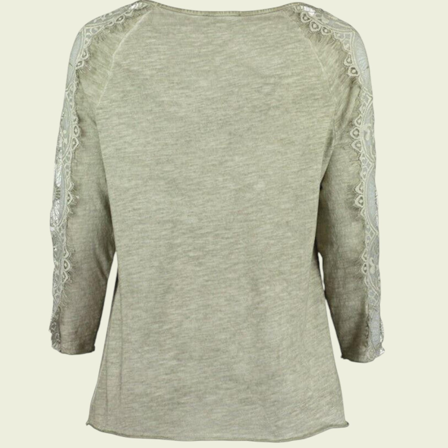 Light green long-sleeve top with lace detailing on a beige background