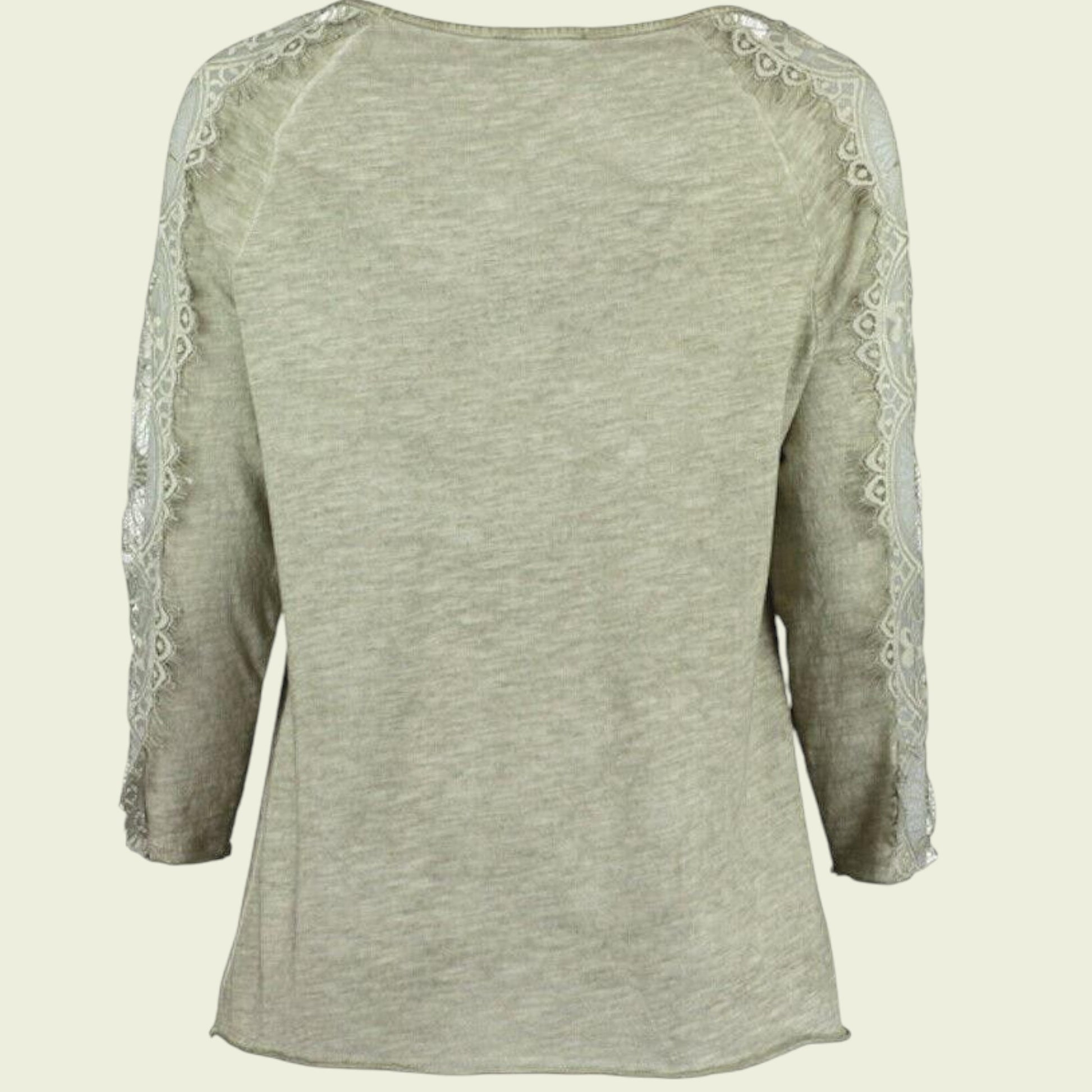 Light green long-sleeve top with lace detailing on a beige background