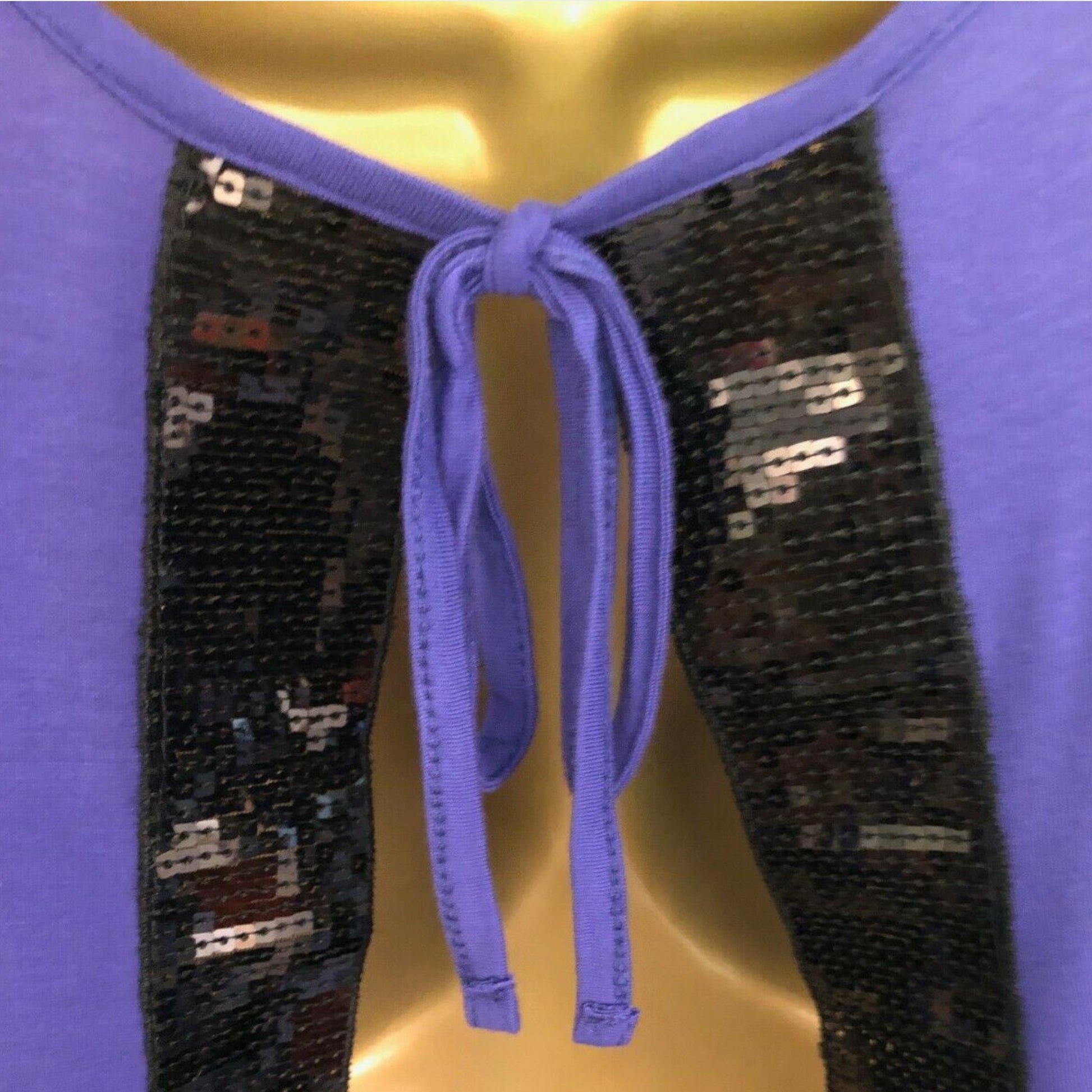 Purple top with black sequin panels and a tie on a gold background