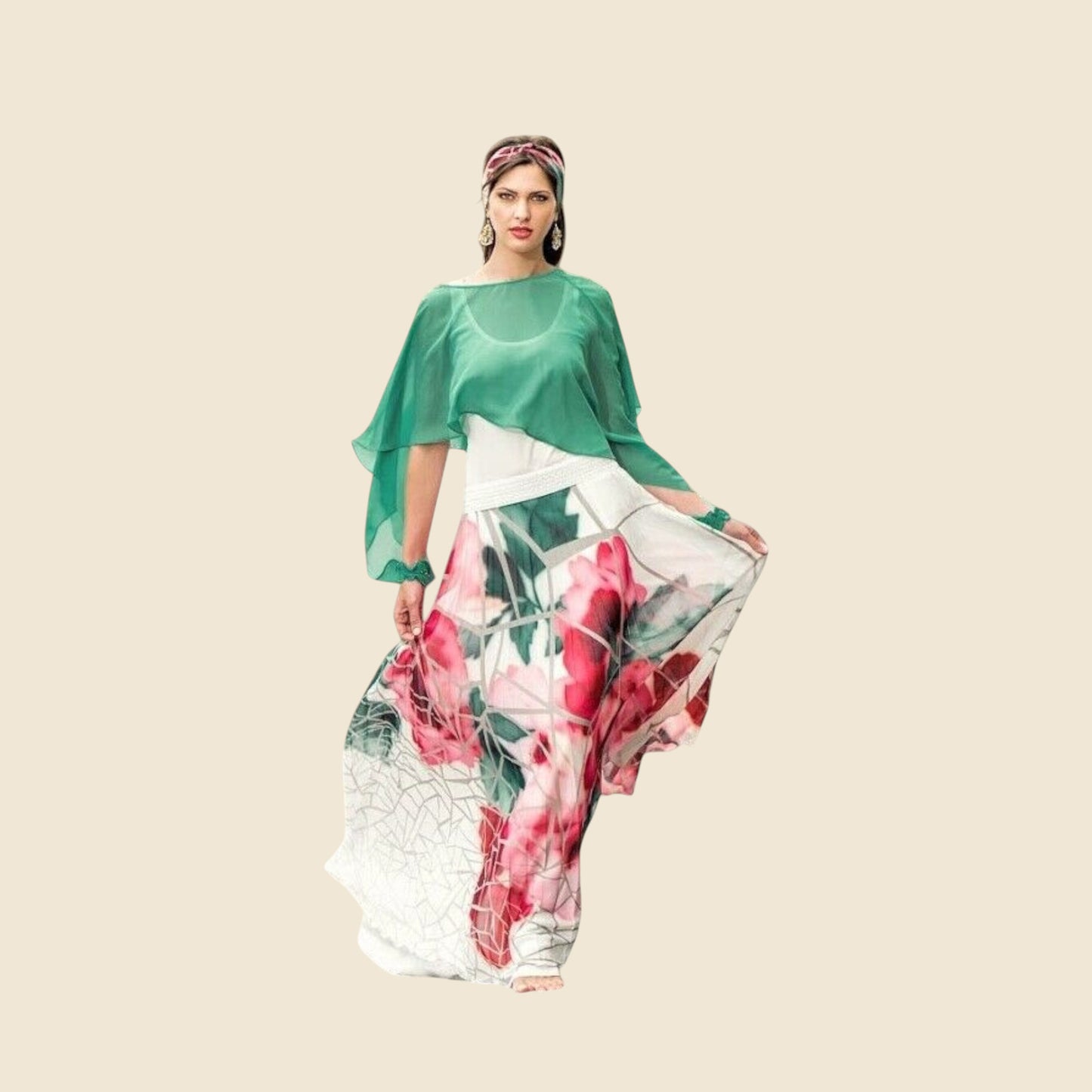 Woman wearing a green top and floral pants on a beige background