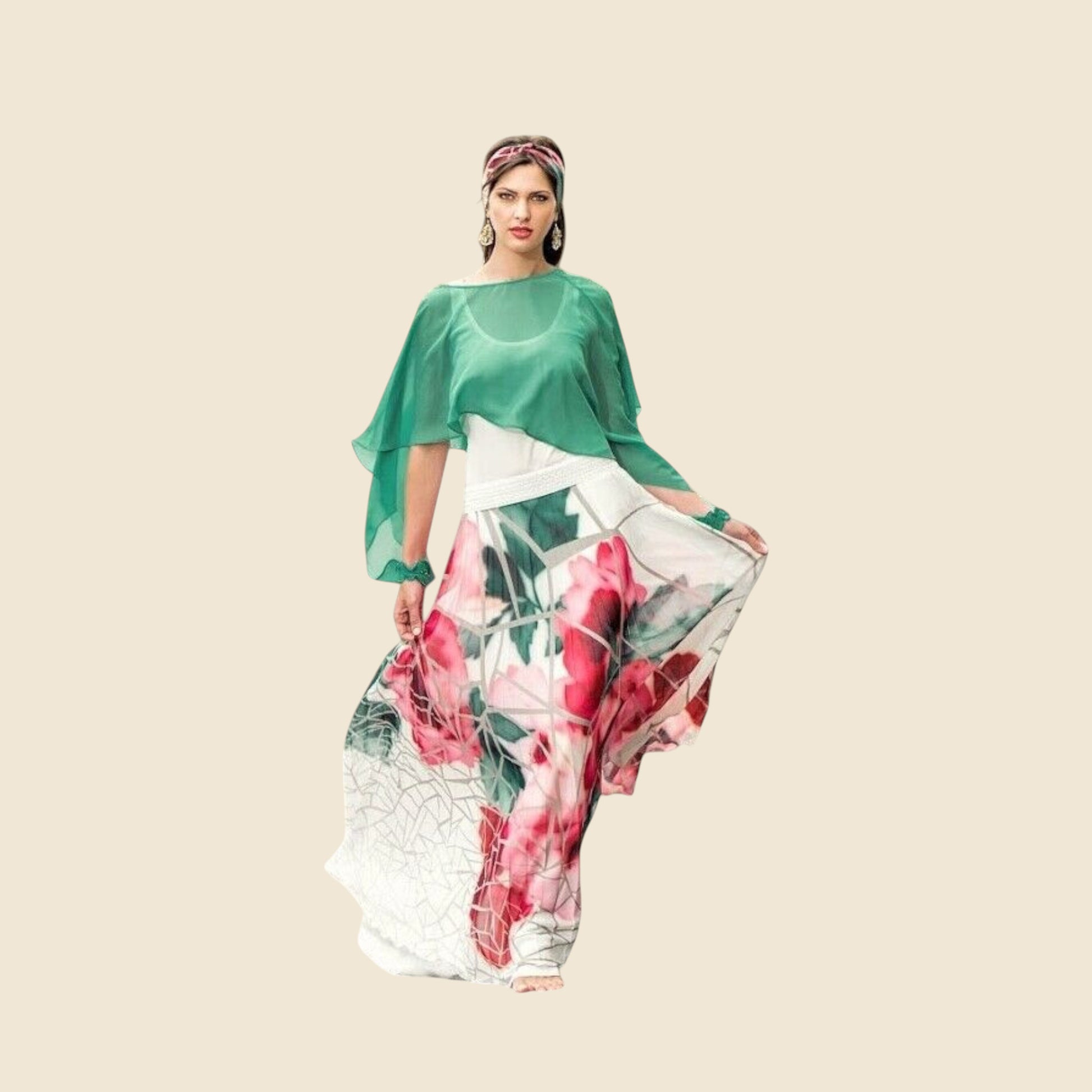 Woman wearing a green top and floral pants on a beige background