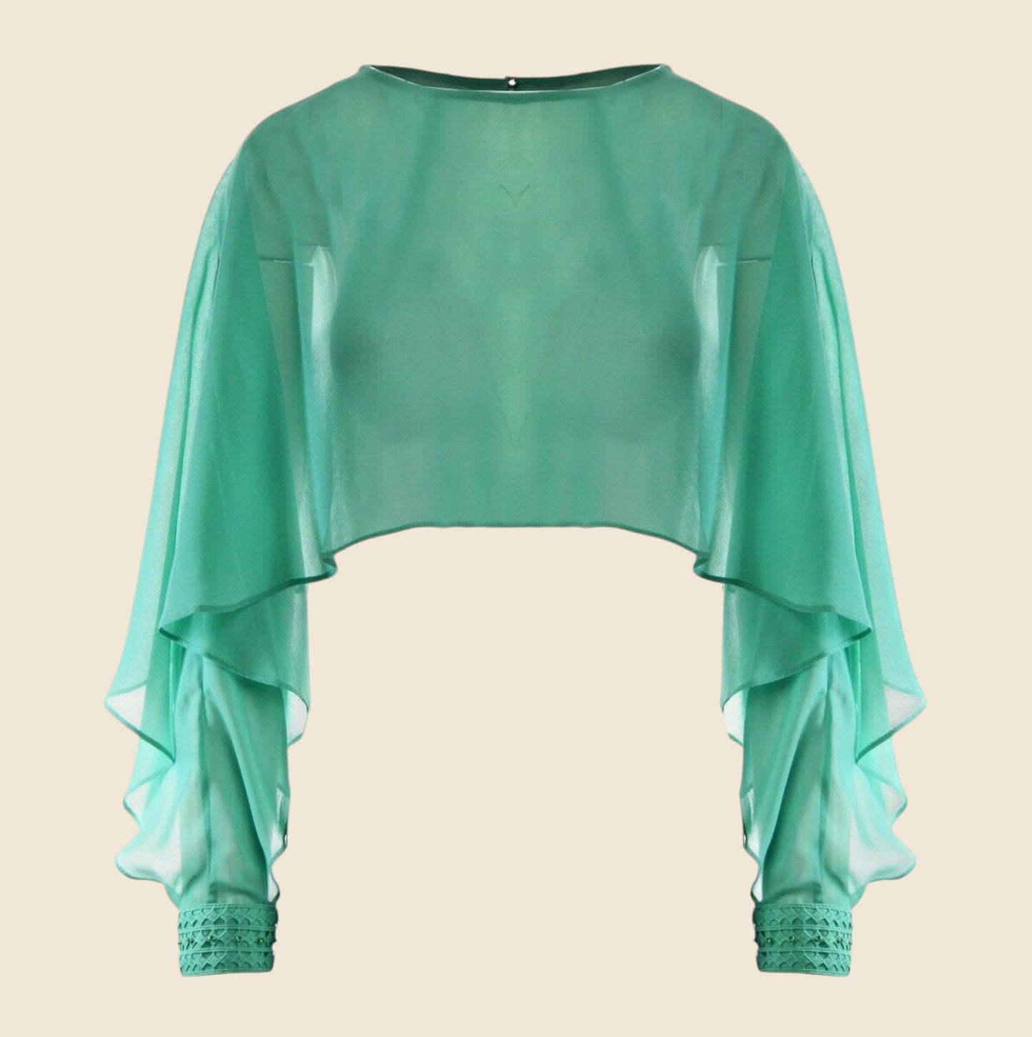 Green sheer blouse with long sleeves on a beige background