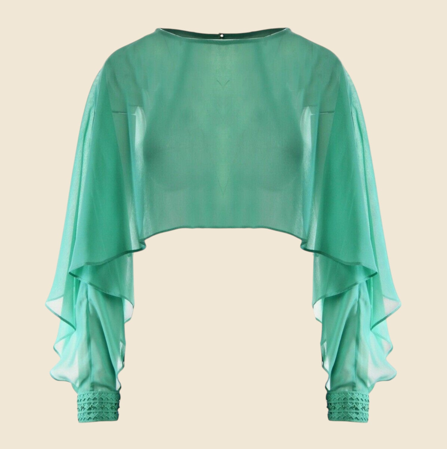 Green sheer blouse with long sleeves on a beige background