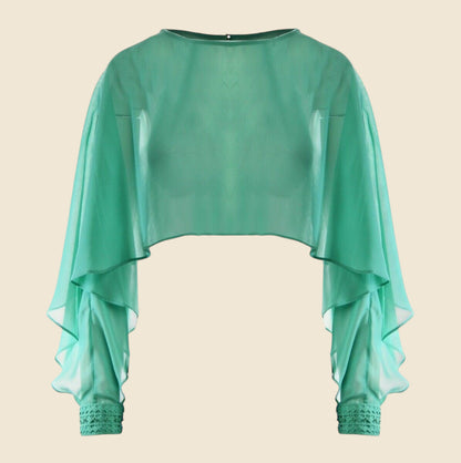 Green sheer blouse with long sleeves on a beige background
