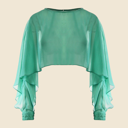 Green sheer blouse with long sleeves on a beige background