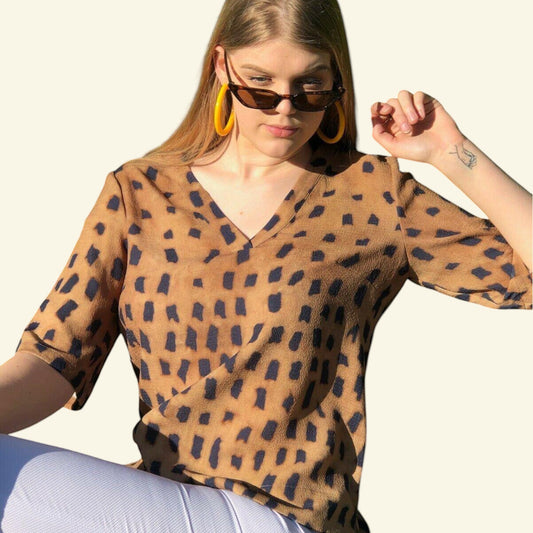 Marie Mero Brown Animal Print Short Sleeve Top UK 10 US 6 EU 38 - Timelessfashions