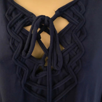 Max Studio Navy Jersey Tie Neck Long Sleeve Top Size L UK 12 US 8 EU 40 - Timelessfashions