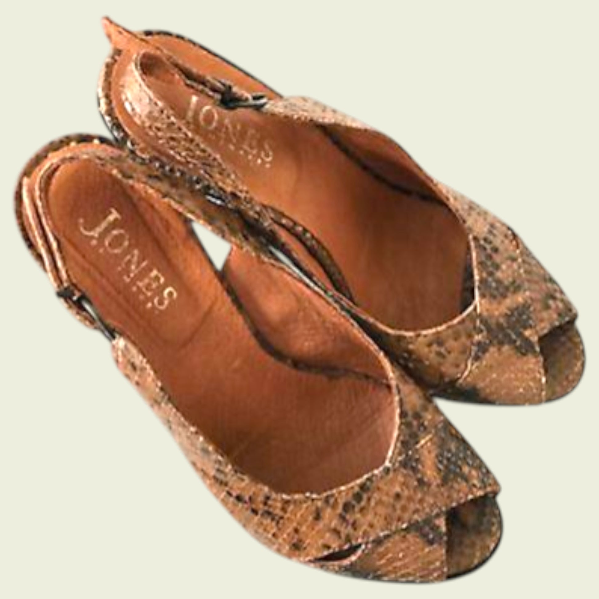 Pair of brown open-toe shoes with 'Jones' branding on a light background