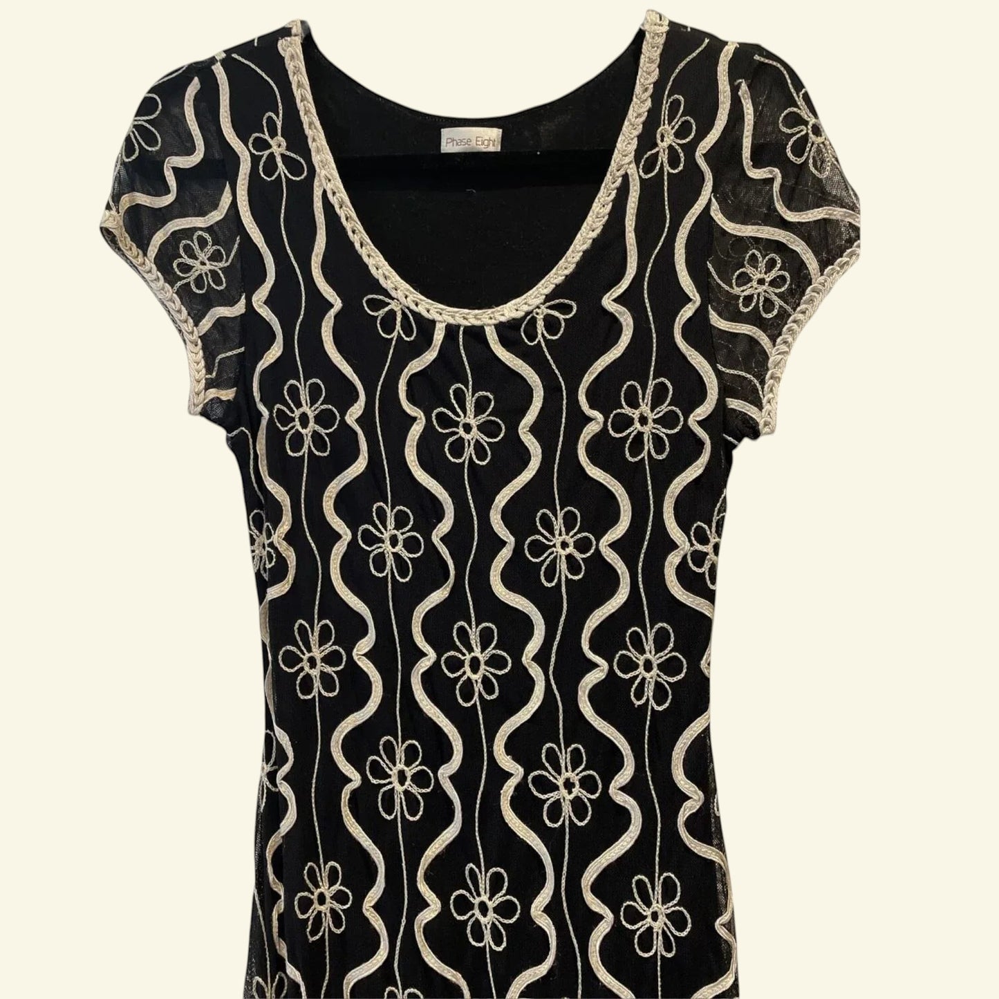 Phase Eight Black & Cream Tapework Cap Sleeve Midi Dress UK 12 US 8 EU 40 - Timelessfashions