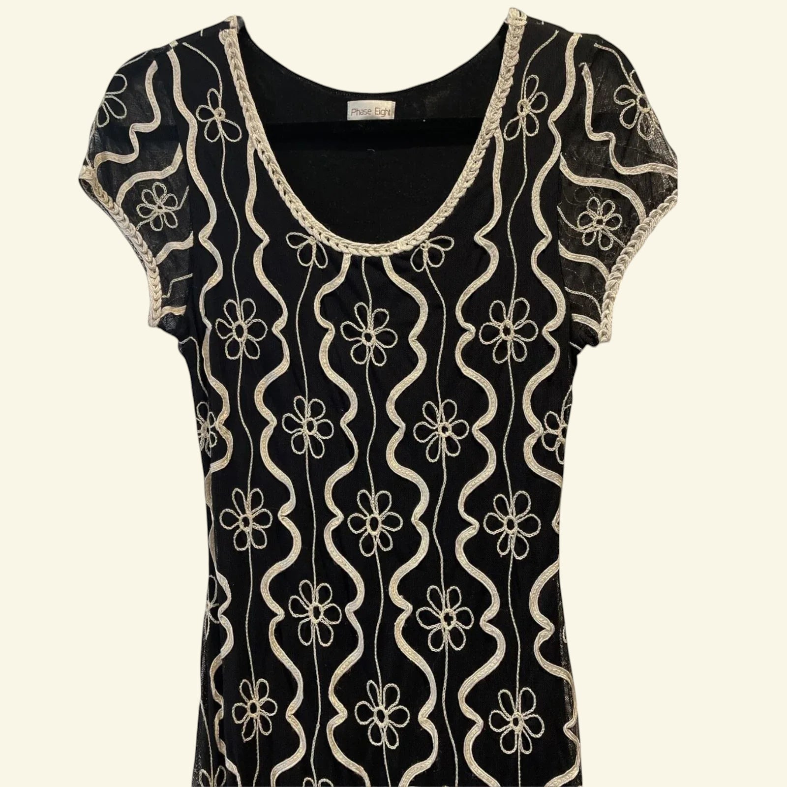 Phase Eight Black & Cream Tapework Cap Sleeve Midi Dress UK 12 US 8 EU 40 - Timelessfashions