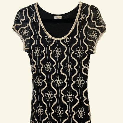 Phase Eight Black & Cream Tapework Cap Sleeve Midi Dress UK 12 US 8 EU 40 - Timelessfashions