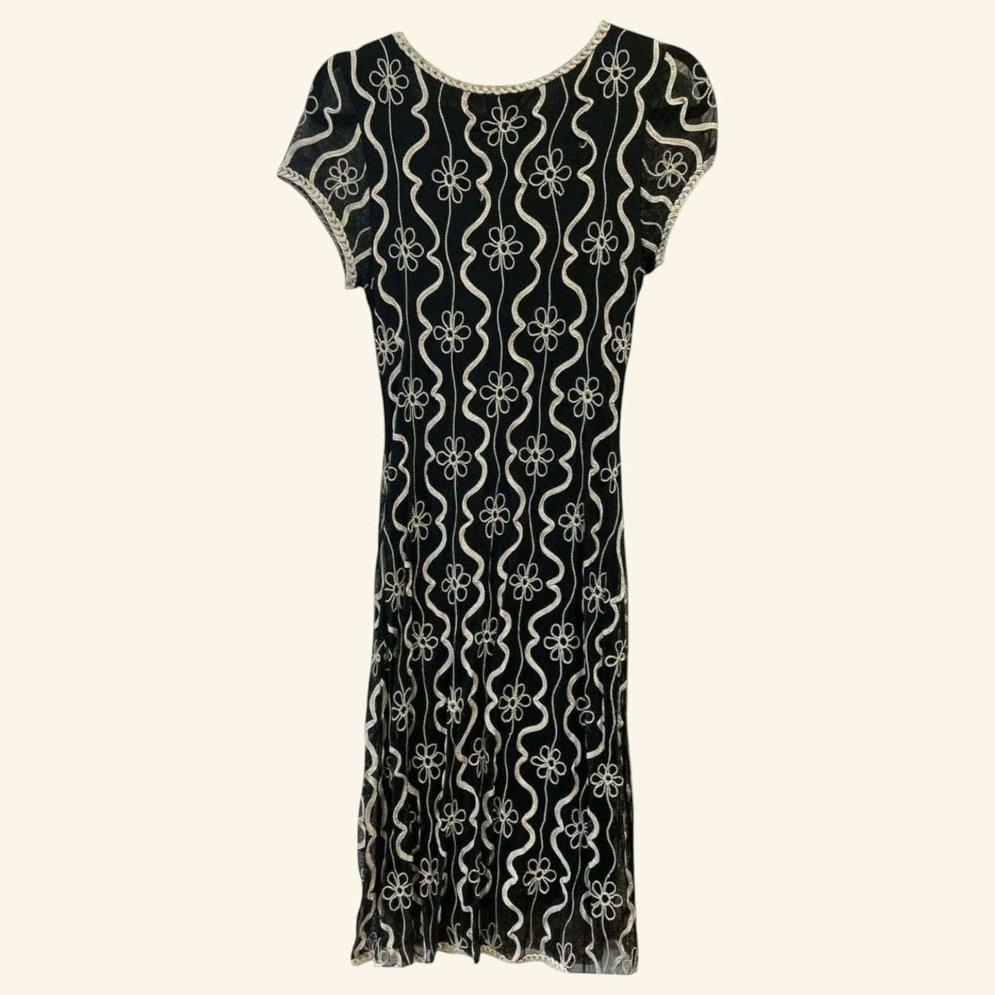 Phase Eight Black & Cream Tapework Cap Sleeve Midi Dress UK 12 US 8 EU 40 - Timelessfashions