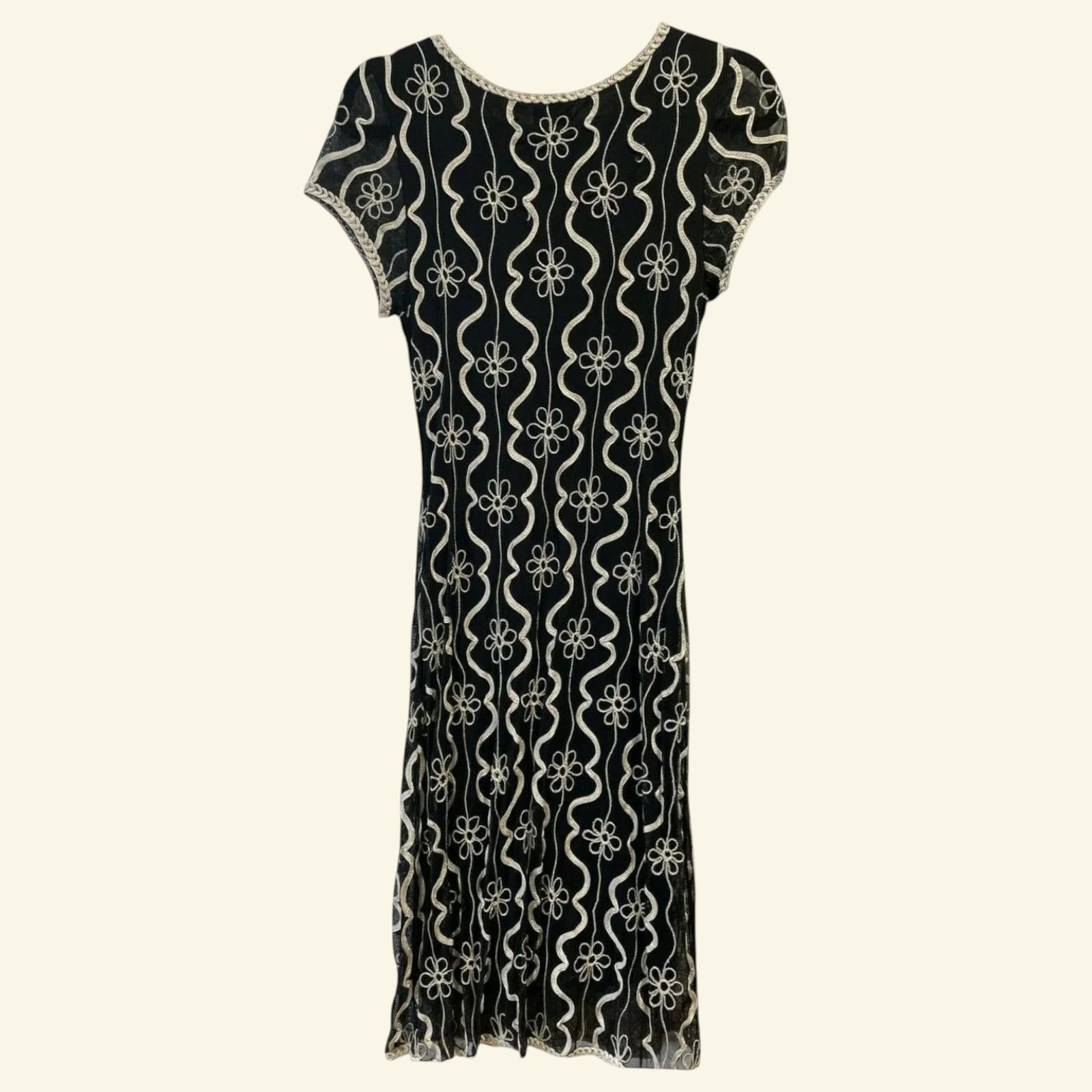 Phase Eight Black & Cream Tapework Cap Sleeve Midi Dress UK 12 US 8 EU 40 - Timelessfashions