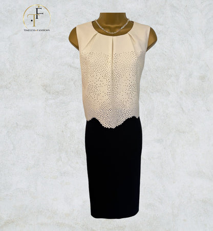 Hobbs Black & Cream Laser Cut Sleeveless Overlay Dress UK 12 US 8 EU 40 Timeless Fashions