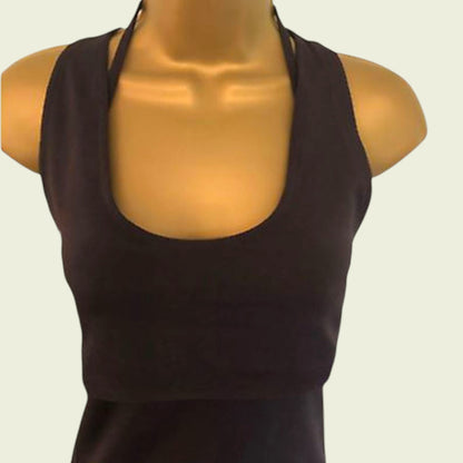 Dark brown sleeveless top on a mannequin against a plain background