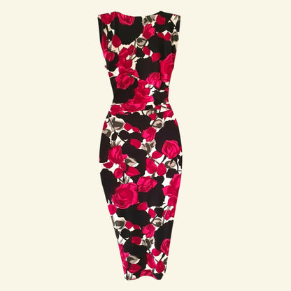 Phase Eight Black & Pink Floral Rose Draped Gathered Bodycon Dress UK 8 US 4 EU 36 - Timelessfashions