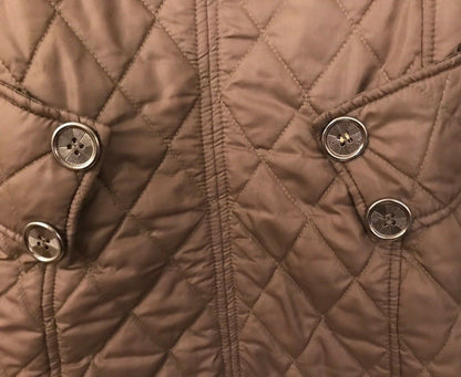 Close-up of a quilted brown jacket with button details