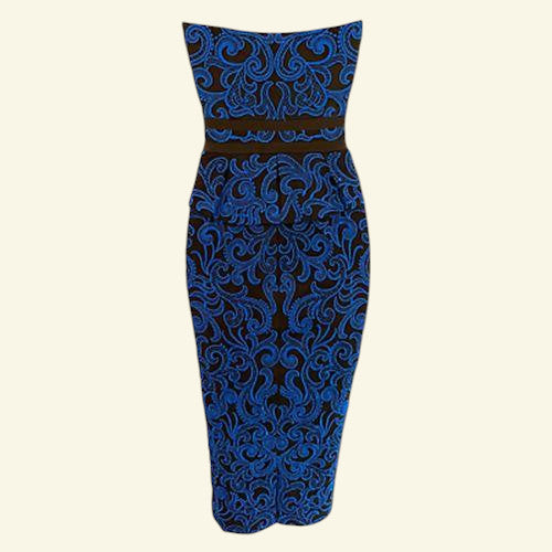 Karen Millen Royal Blue & Black Bodycon Peplum Midi Dress UK 8 US 4 EU 36 - Timelessfashions